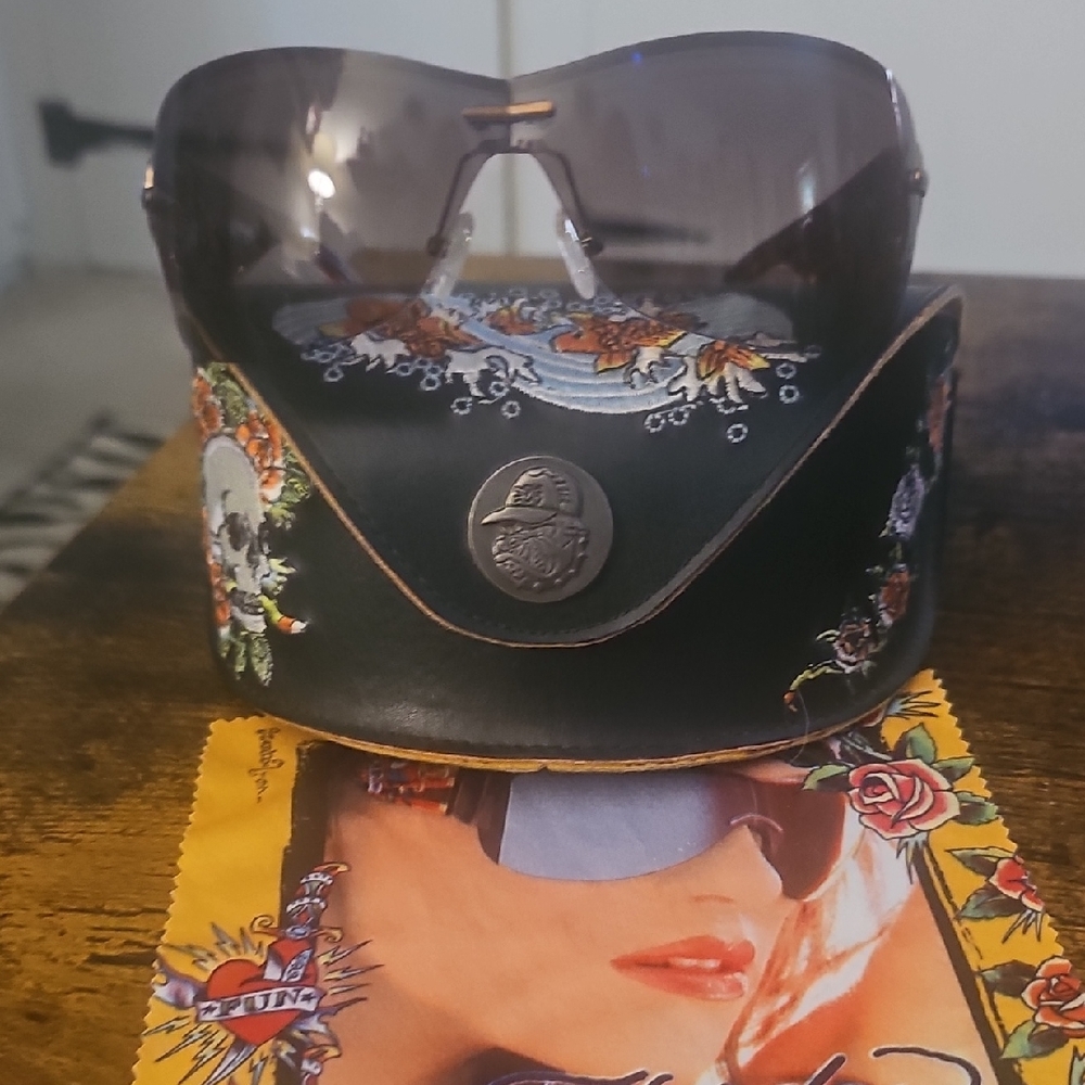 Ed Hardy Black Sunglasses with Colorful Floral Accents.  Extra Crystals Included